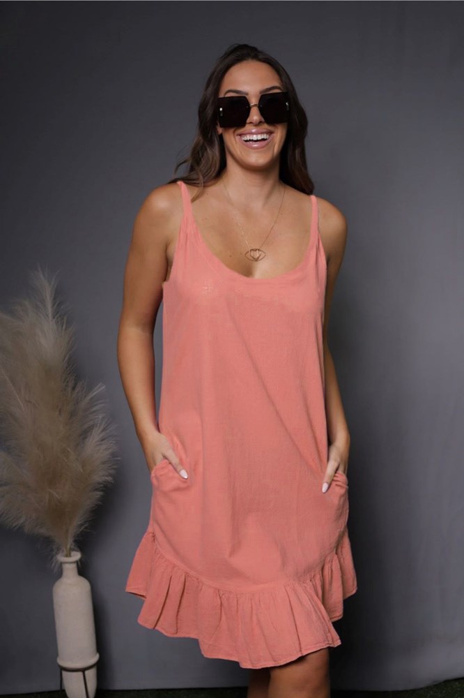 Spaghetti Strap Ruffled Skirt High-Slit Dress Tangerine