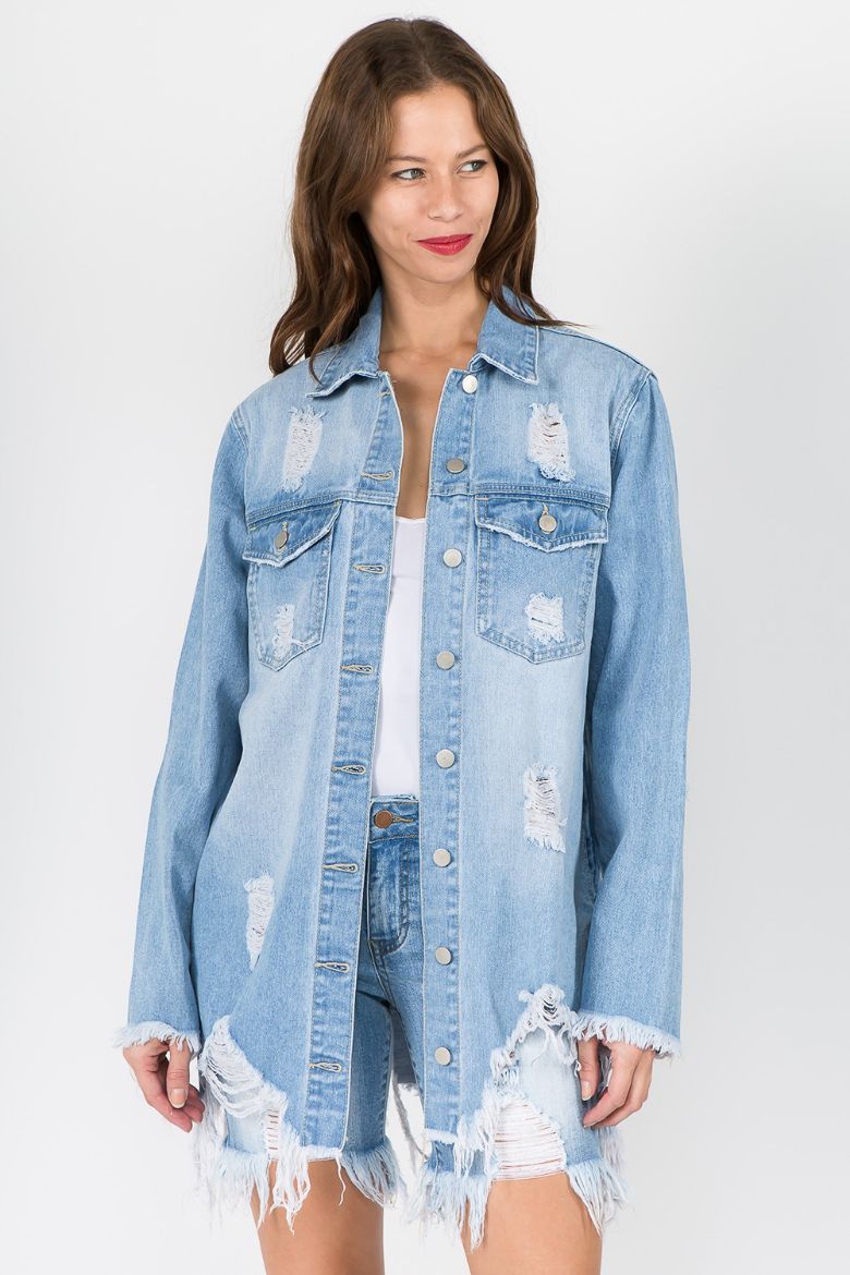 Pine Apparel | Distressed Denim Shacket - Curvy